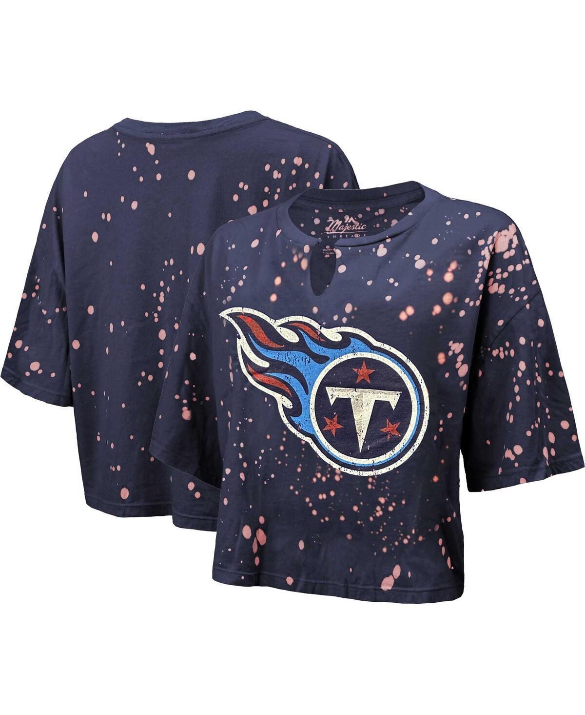 Womens Majestic Threads Tennessee Titans Bleach Splatter Notch Neck Crop T-Shirt Blue Product Image