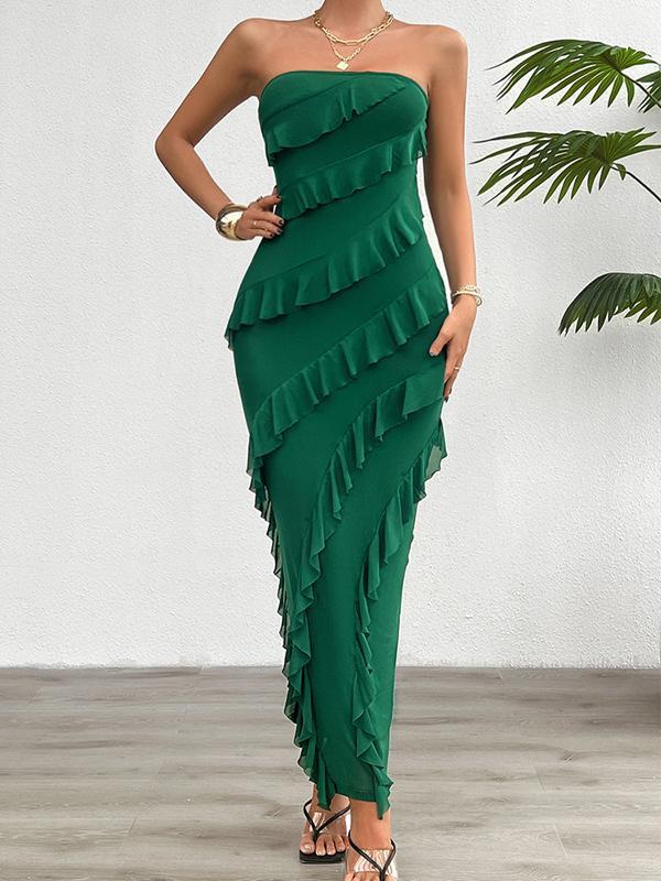 Bodycon High Waisted Ruffle Trim Solid Color Split-Back Split-Joint Tube Maxi Dresses Product Image