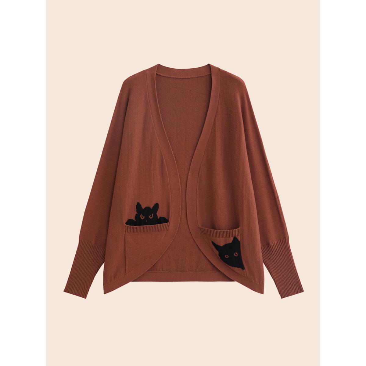 Plus Size Cat Printed Pockets Arc Hem Cardigan Browncoffeecolor Women Playful Loose Long Sleeve Casual Cardigans BloomChic 30/6X Product Image