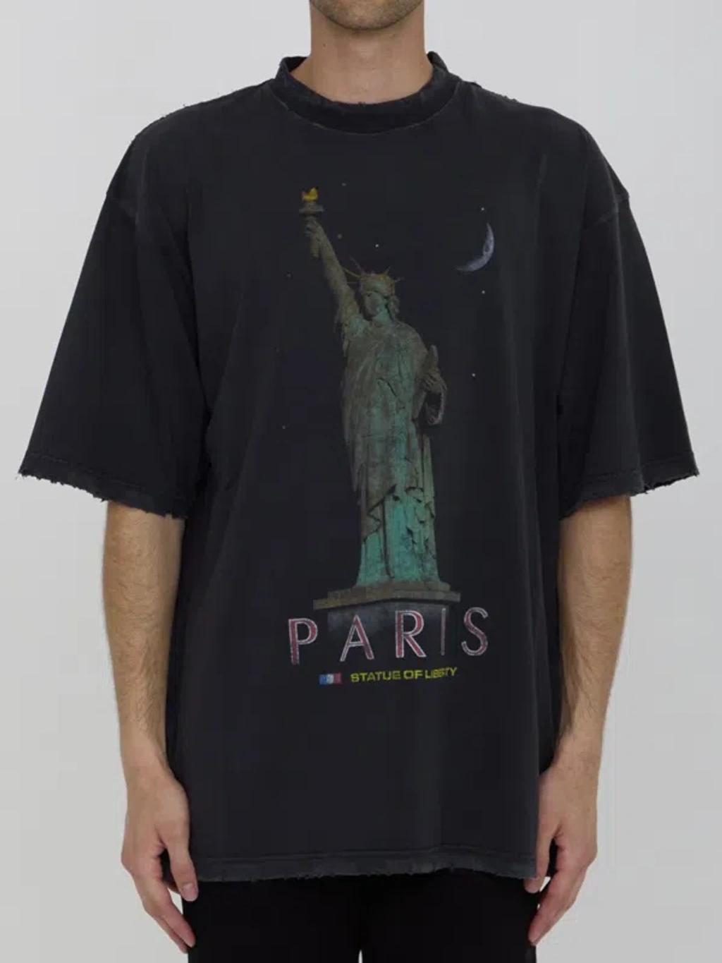 BALENCIAGA Paris Liberty Cotton T-shirt In  Faded Black Product Image