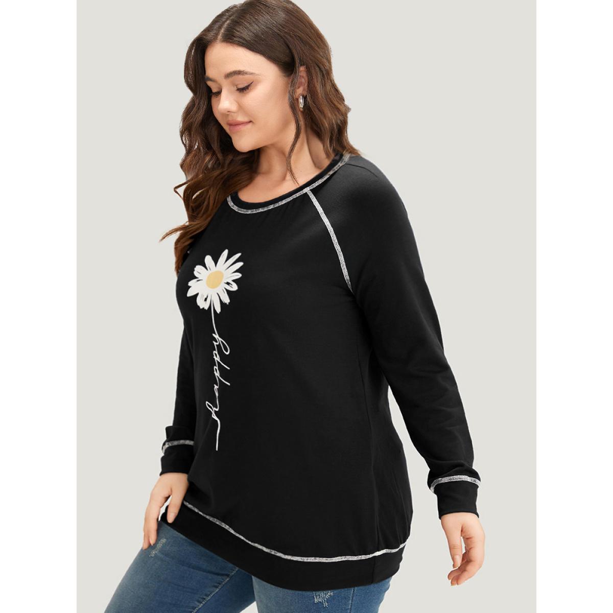 Plus Size Floral Print Stitch Crew Neck Raglan Sleeve Sweatshirt Women Black Casual Elastic cuffs Dailywear Sweatshirts BloomChic 30/6X Product Image