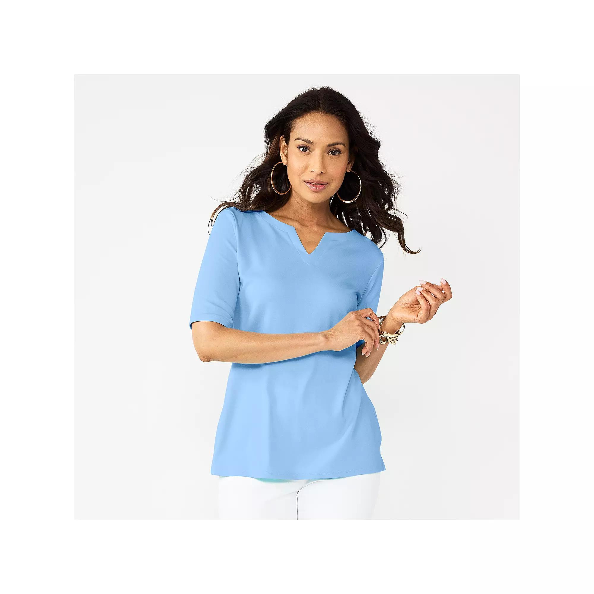 Women's Croft & Barrow® Elbow-Sleeve Splitneck Top, Size: Medium, Hepatica Blue Product Image