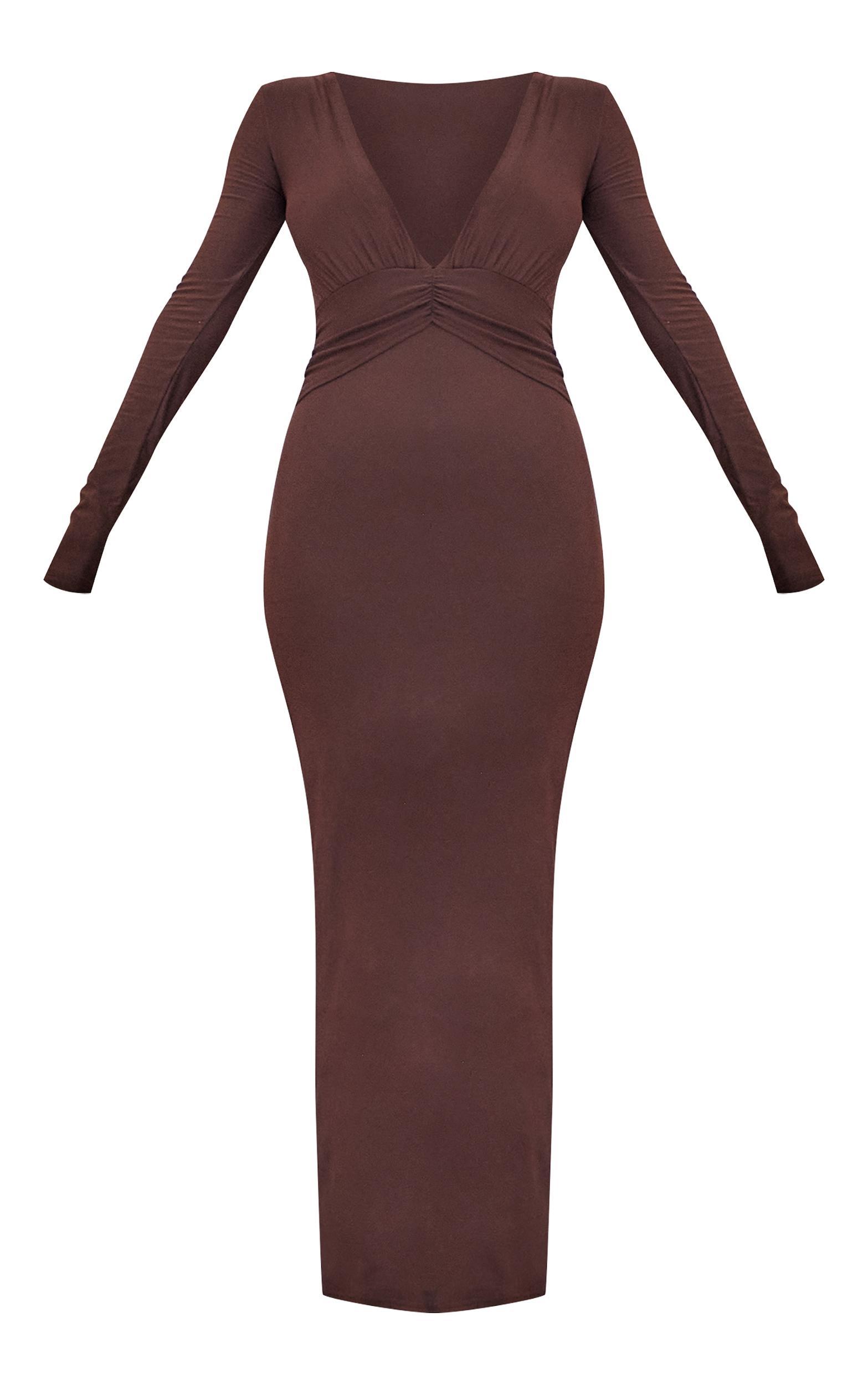 Chocolate Brown Soft Touch Twisted Plunge Maxi Dress Product Image