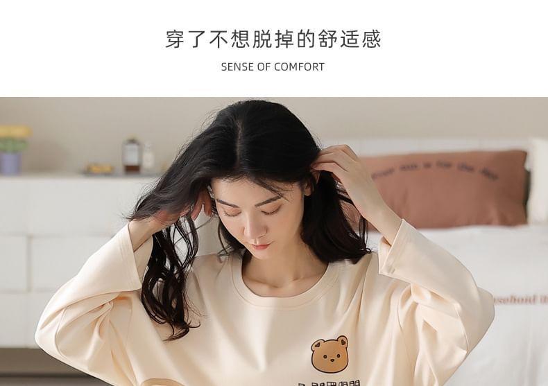 Loungewear Set : Long-Sleeve Bear Print Padded T-Shirt + Pants Product Image