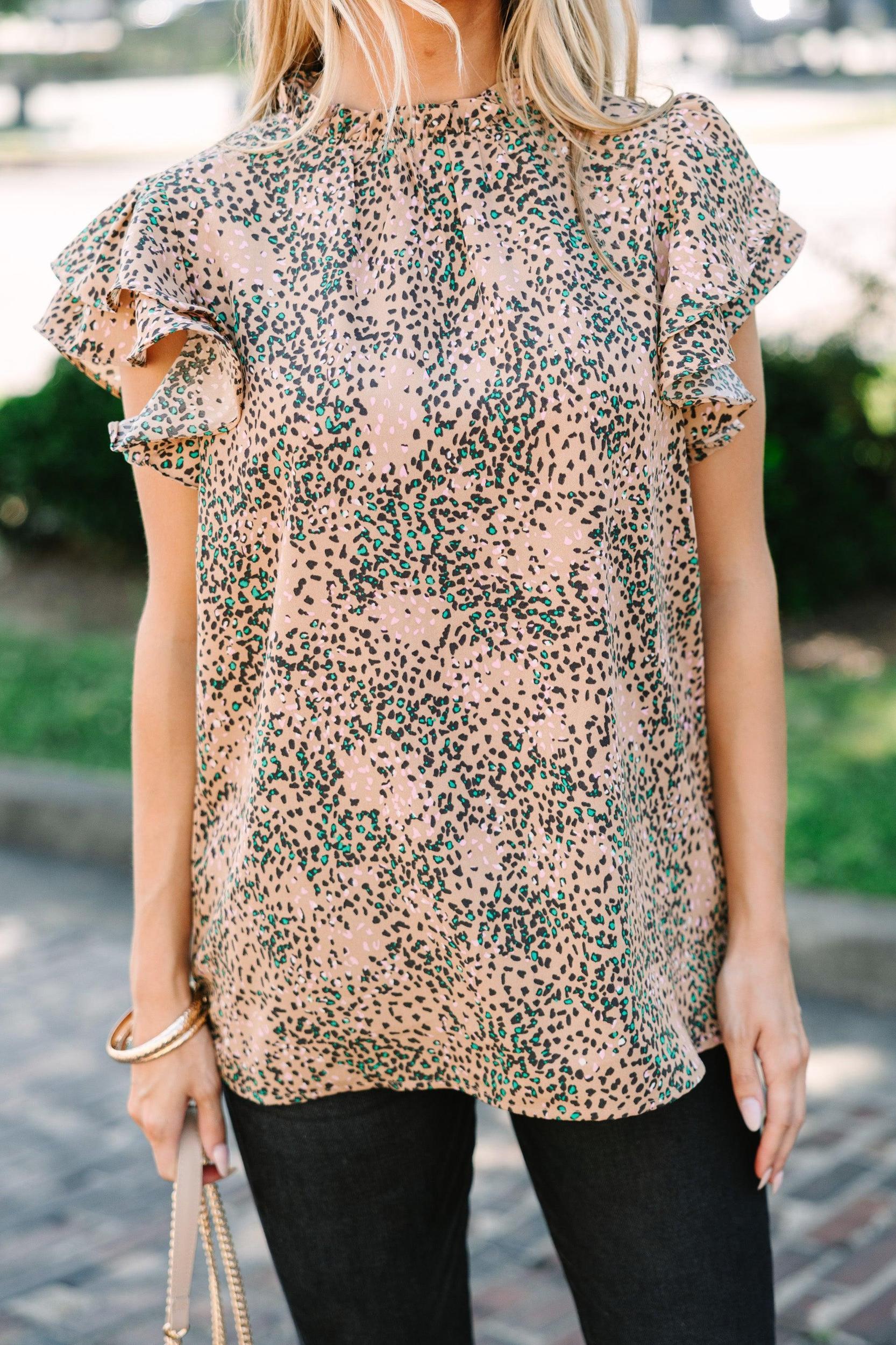 On My Heart Taupe Brown Leopard Print Blouse Female Product Image