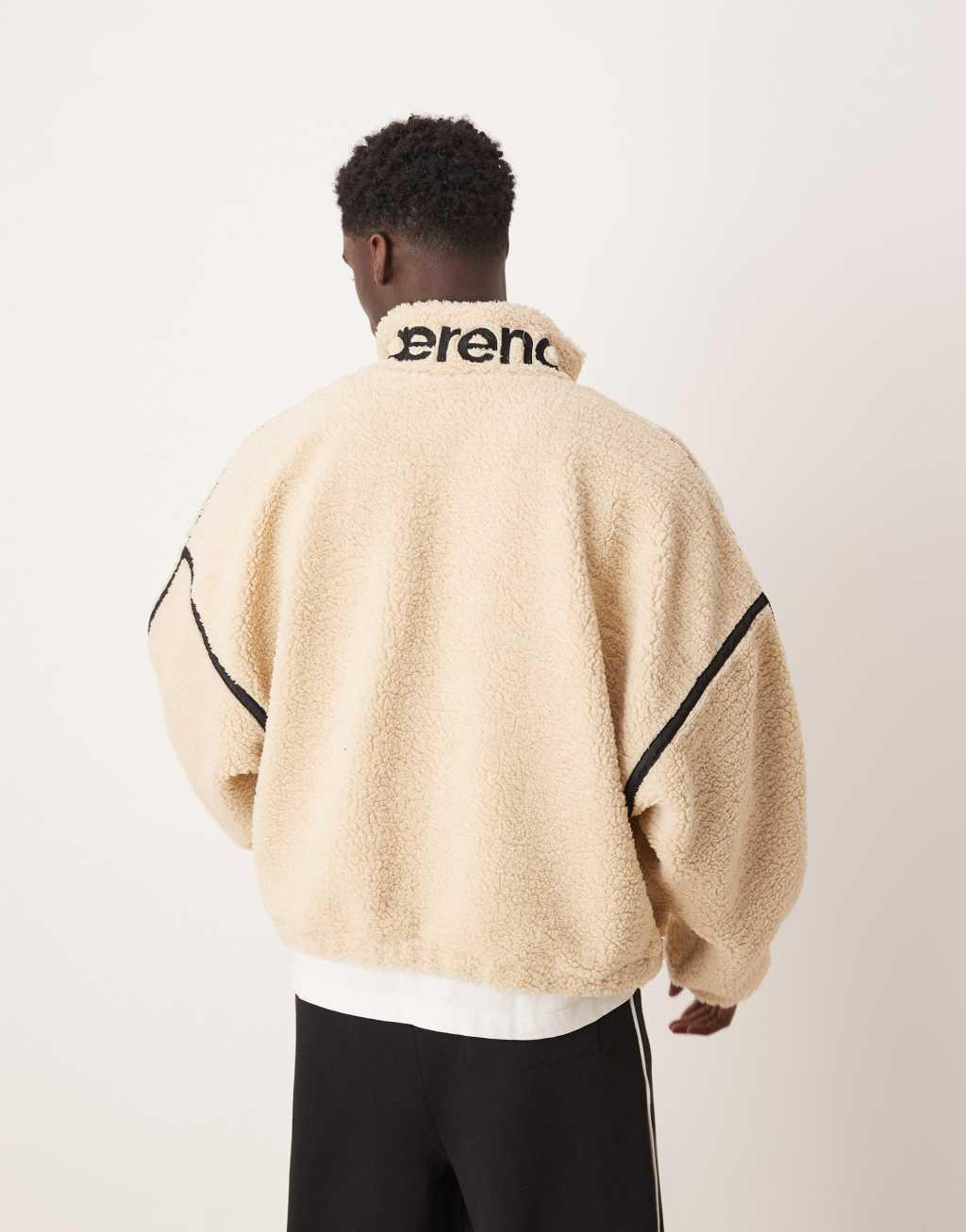 ASOS DESIGN extreme oversize boxy fleece sweater with half zip and embroidery in ecru borg Product Image