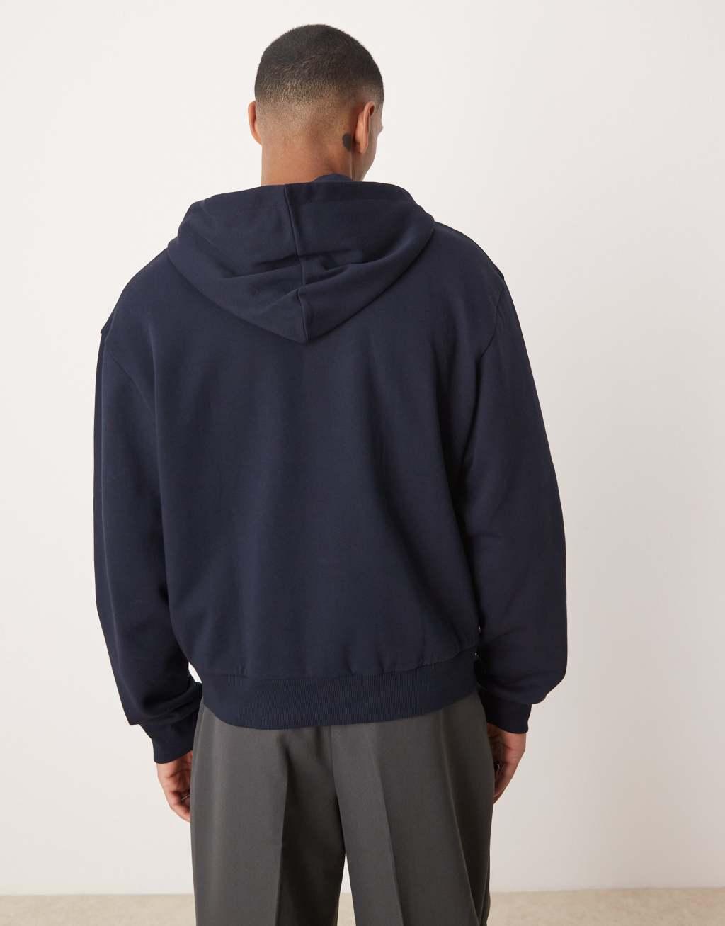 ASOS DESIGN oversized boxy zip through hoodie with berlin print in navy Product Image