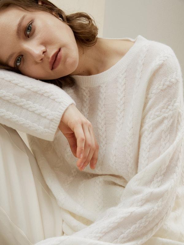 LILYSILK Pure Cashmere Sweaters - for Women - White Premium Cashmere - Simple Yet Classic Cable-Knit Sweater XL Product Image