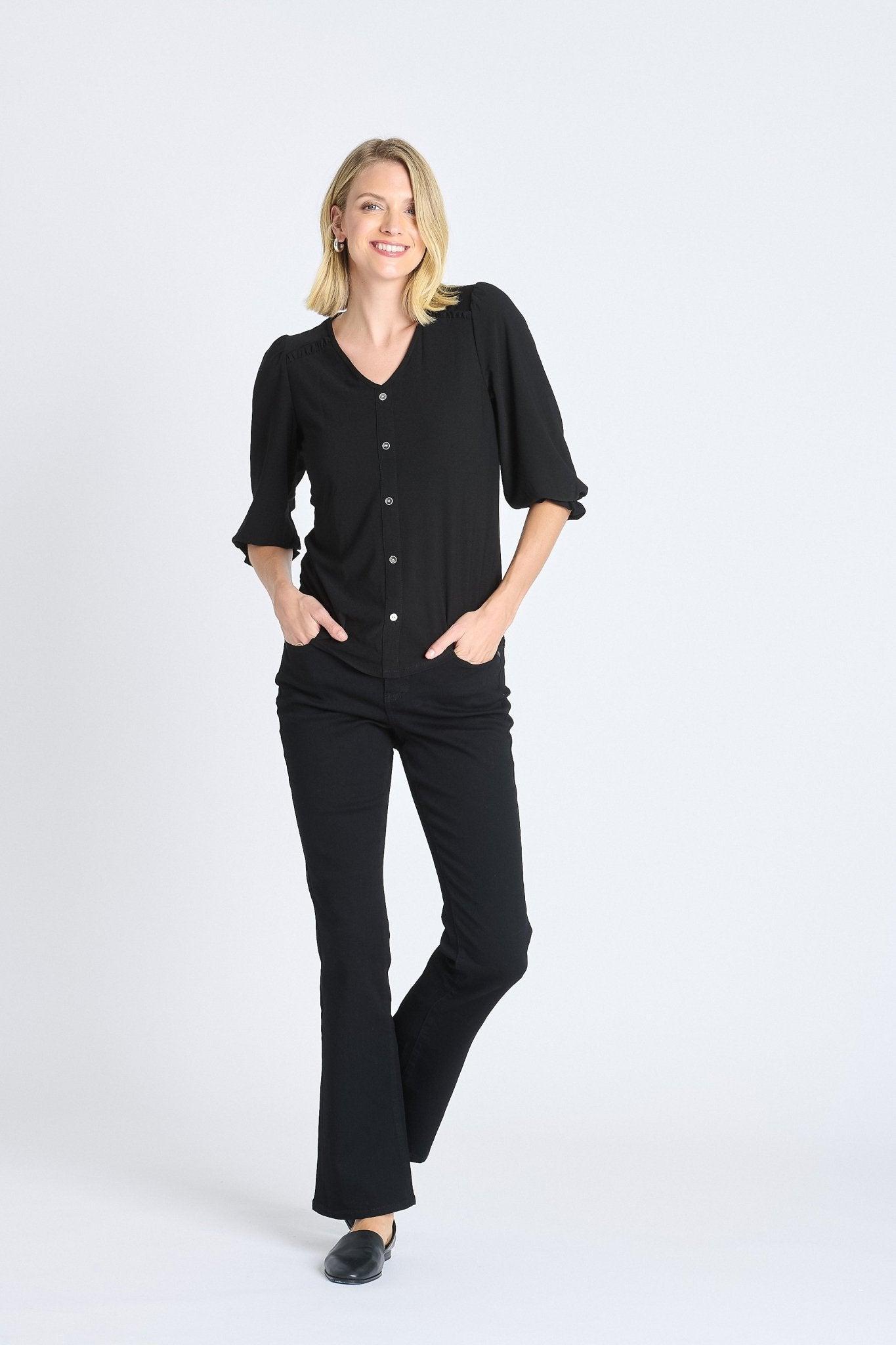 Ruffle 3/4 Sleeve Button Top, Black Product Image