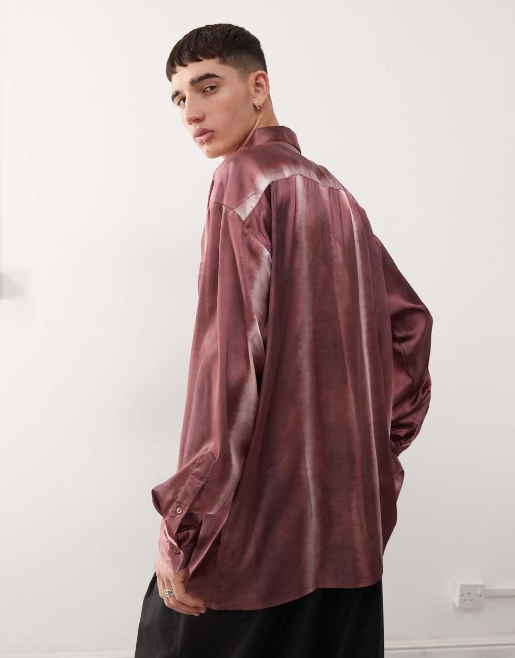 Reclaimed Vintage oversized satin shirt in burgundy tie dye Product Image