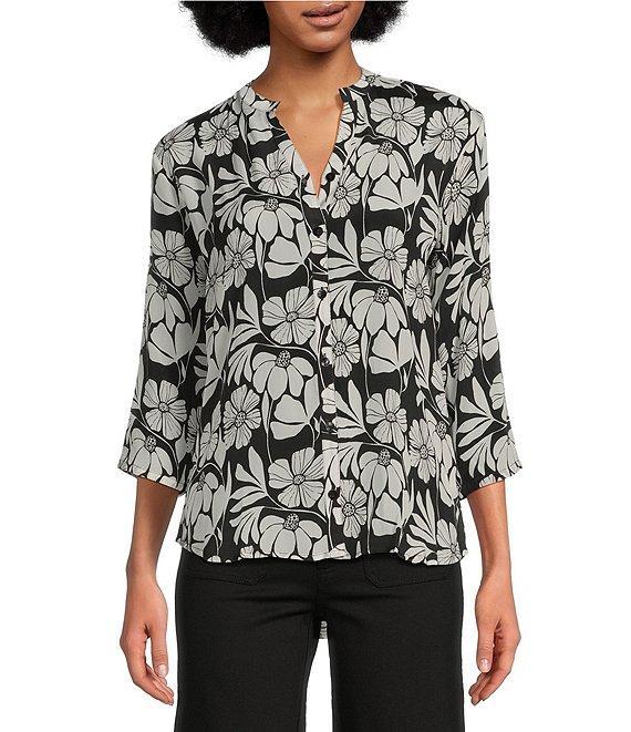 APNY Floral Print Split V-Neck 3/4 Sleeve Button-Front Blouse Product Image