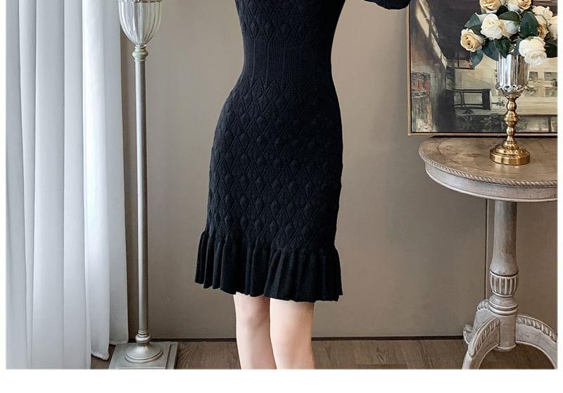 Long-Sleeve Notch Neck Plain Knit Mermaid Dress Product Image