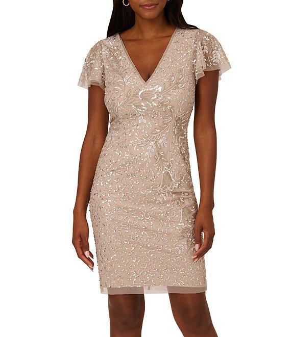Adrianna Papell Beaded Mesh V Neck Short Flutter Sleeve Sheath Mini Dress Product Image