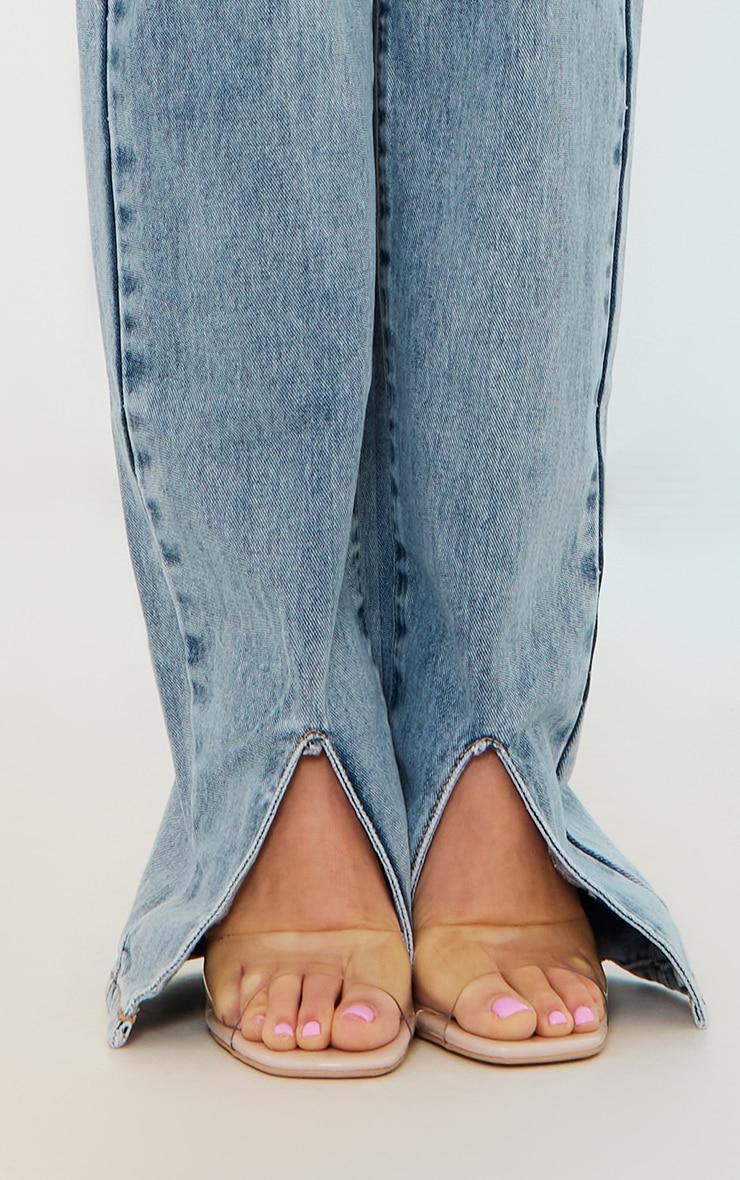 Light Blue Wash Front Split Long Leg Straight Jeans Product Image