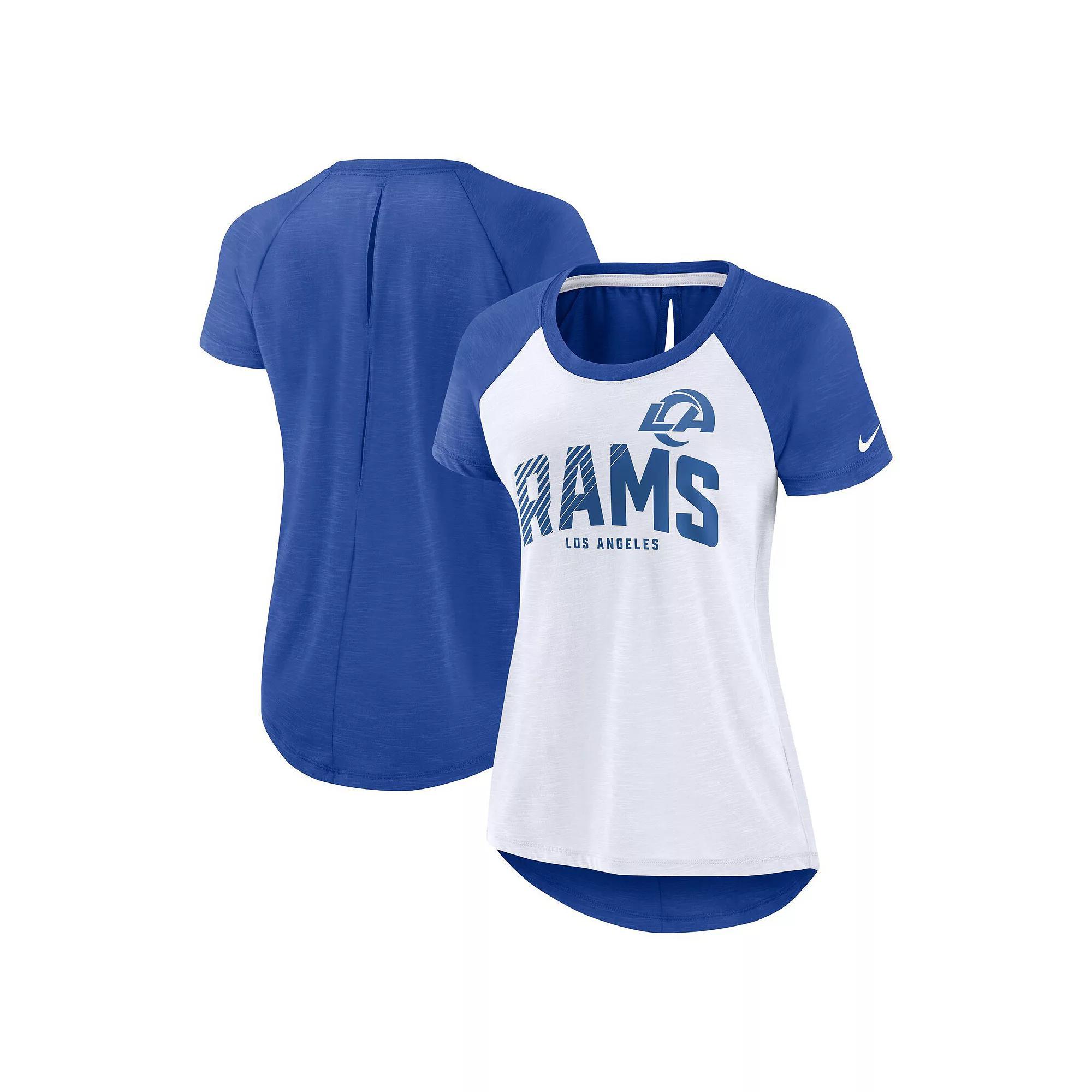 Women's Nike White/Heather Royal Los Angeles Rams Back Cutout Raglan T-Shirt, Size: Medium Product Image