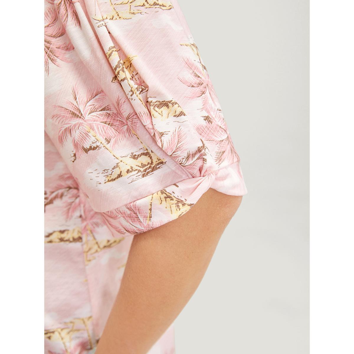 Plus Size Coconut Tree Print Gathered Twist Sleeve T-shirt Rouge Women Vacation Tropical V-neck Dailywear T-shirts BloomChic 12/L Product Image