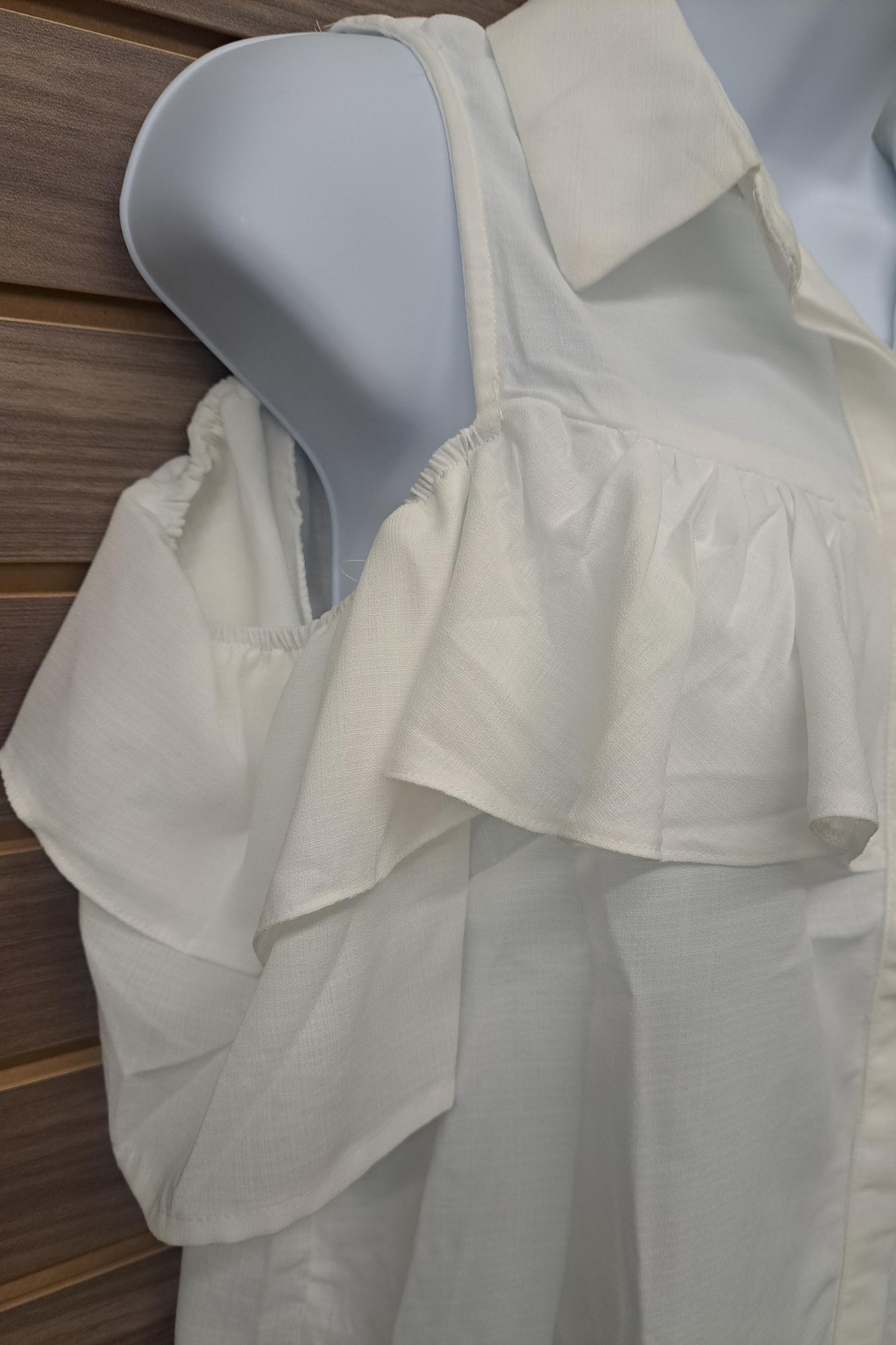 Cream cold shoulder linen button up blouse Product Image