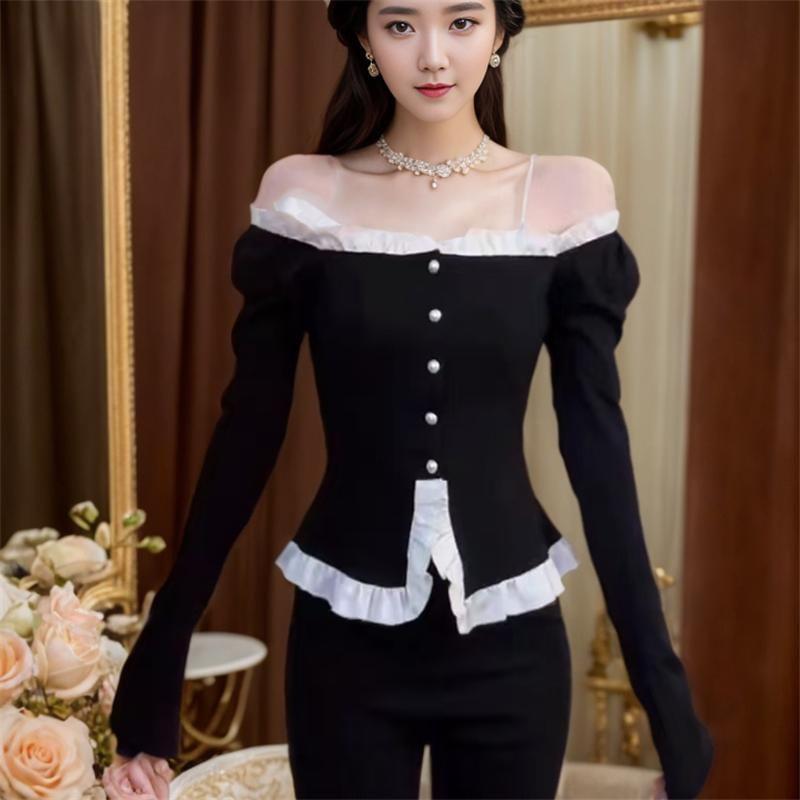 Mock Two-Piece Long-Sleeve Square Neck Two Tone Button Slim Fit Top Product Image