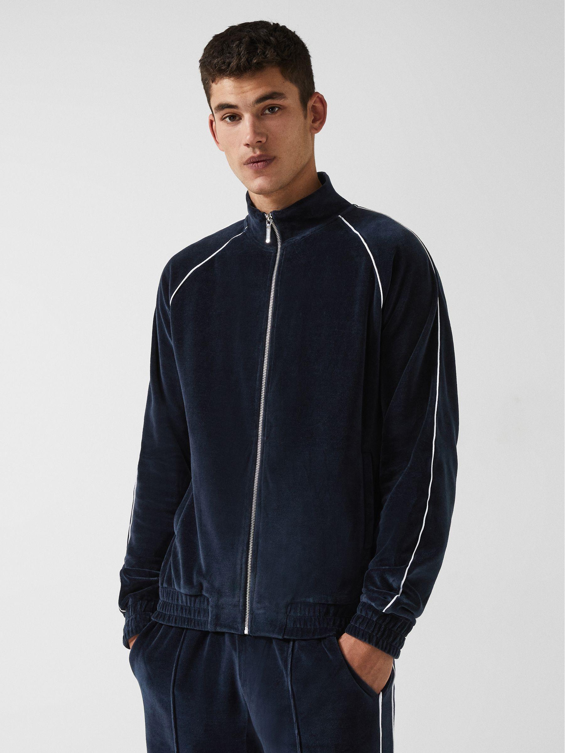Velour Zip Through Jacket With Piping in Navy Product Image