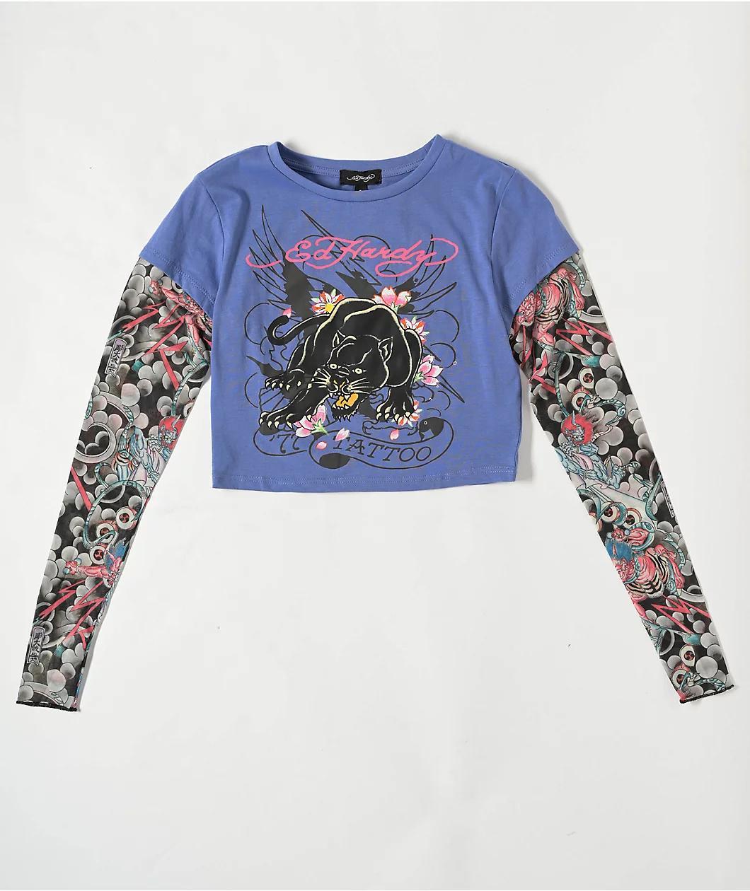 Ed Hardy Swallow 2fer Midnight Long Sleeve Crop T-Shirt Product Image