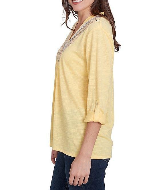 Ruby Rd. Knit Embroidery V-Neck 3/4 Roll-Tab Sleeve Top Product Image