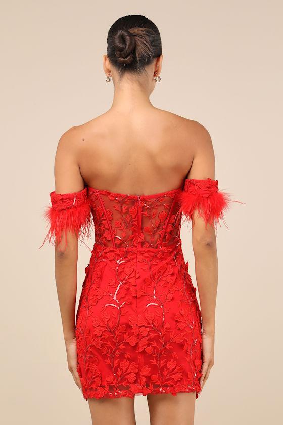 Midnight Sparkle Red Embroidered Feather Bustier Mini Dress Product Image