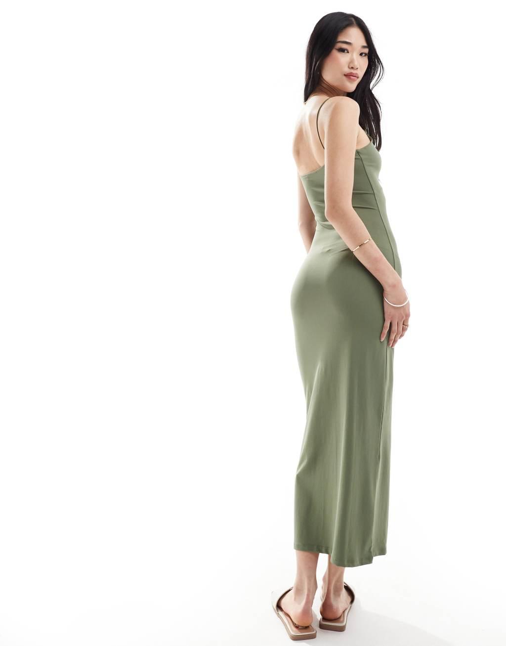 Pull&Bear polyamide sculpt strappy maxi dress in sage green Product Image