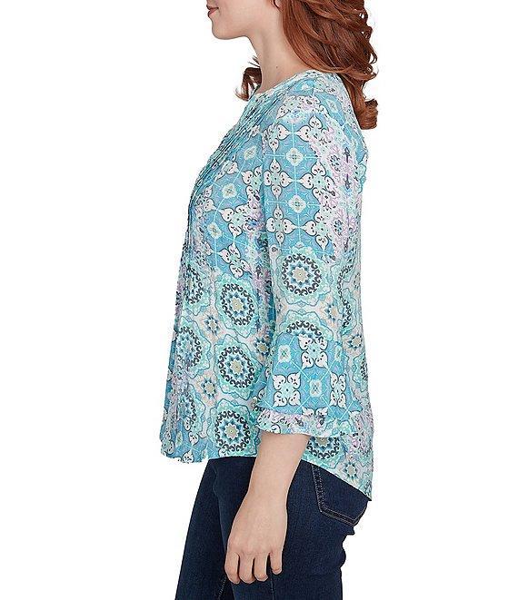 Ruby Rd. Silky Pleated Tile Patchwork Print Split V-Neck 3/4 Ruffle Sleeve Top Product Image