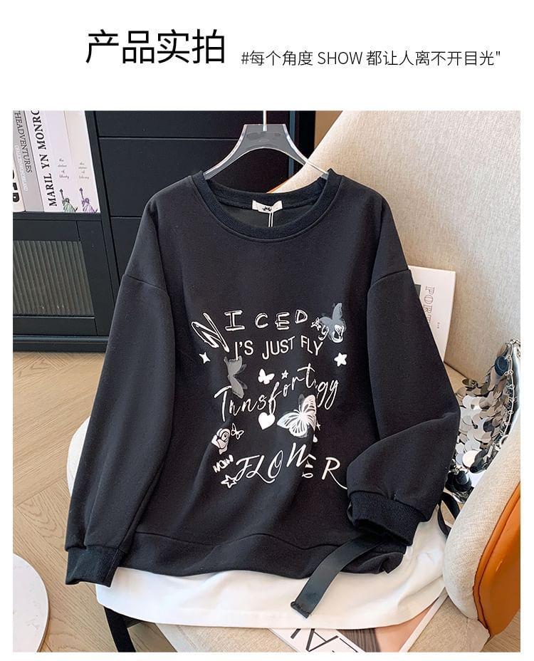 Plus Size Crew Neck Mock Two-Piece Lettering Print Tie Side Sweatshirt Product Image