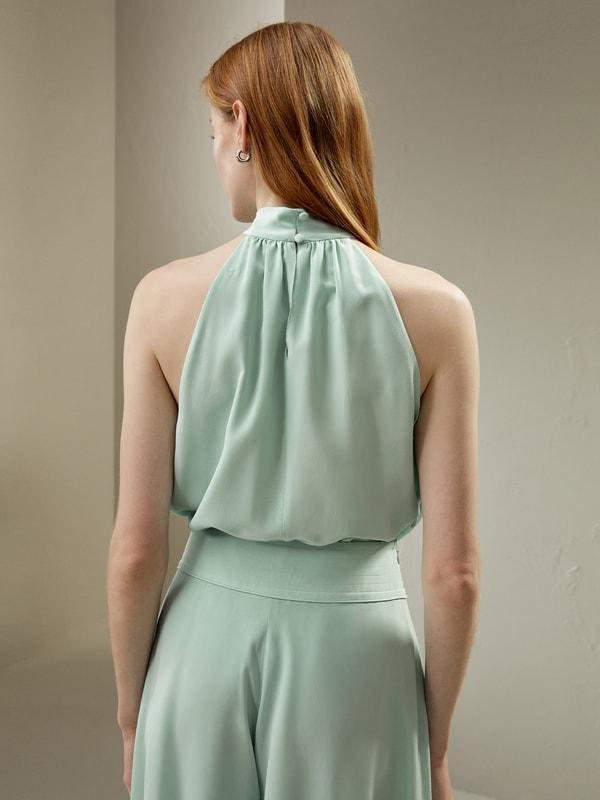 LILYSILK Women's Silk Cr¨ºpe de Chine Pleated Halter Top in Mint Green, Size 4 Product Image