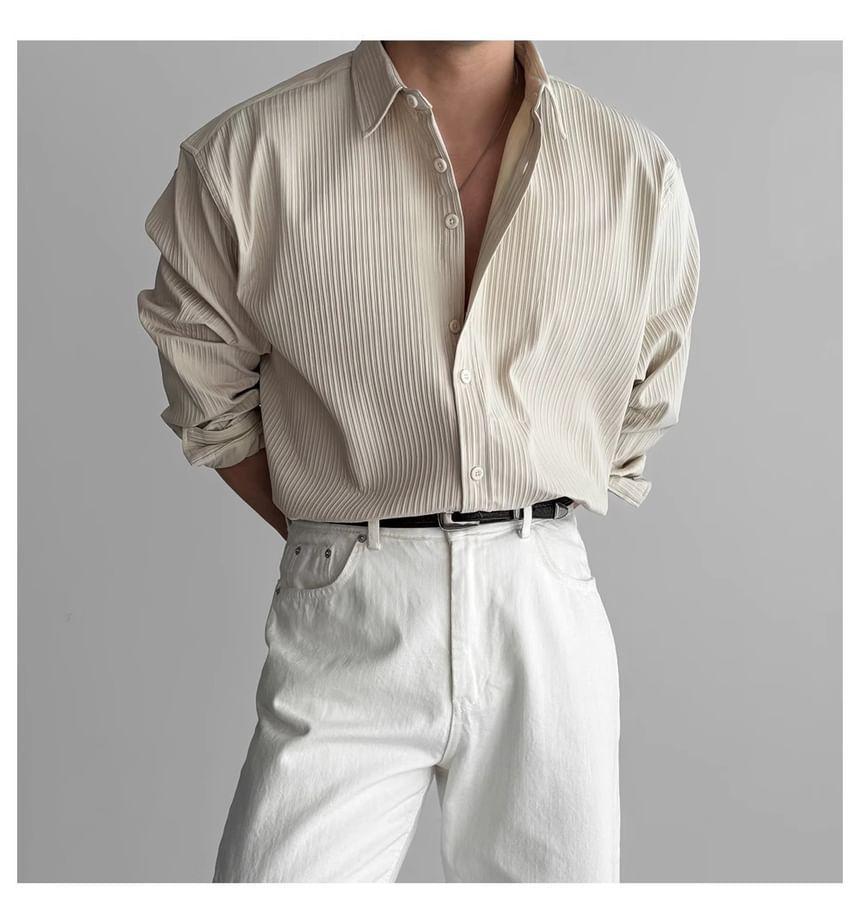 Long-Sleeve Collared Plain Button Up Shirt Product Image