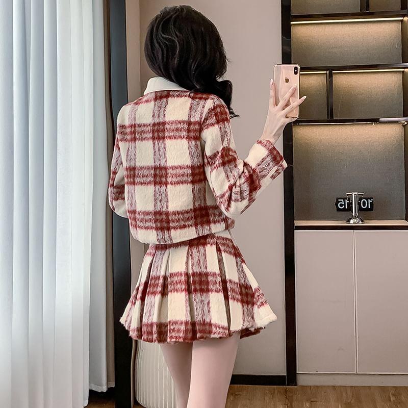 Set: Collared Button-Up Plaid Jacket + Mini Pleated Skirt Product Image