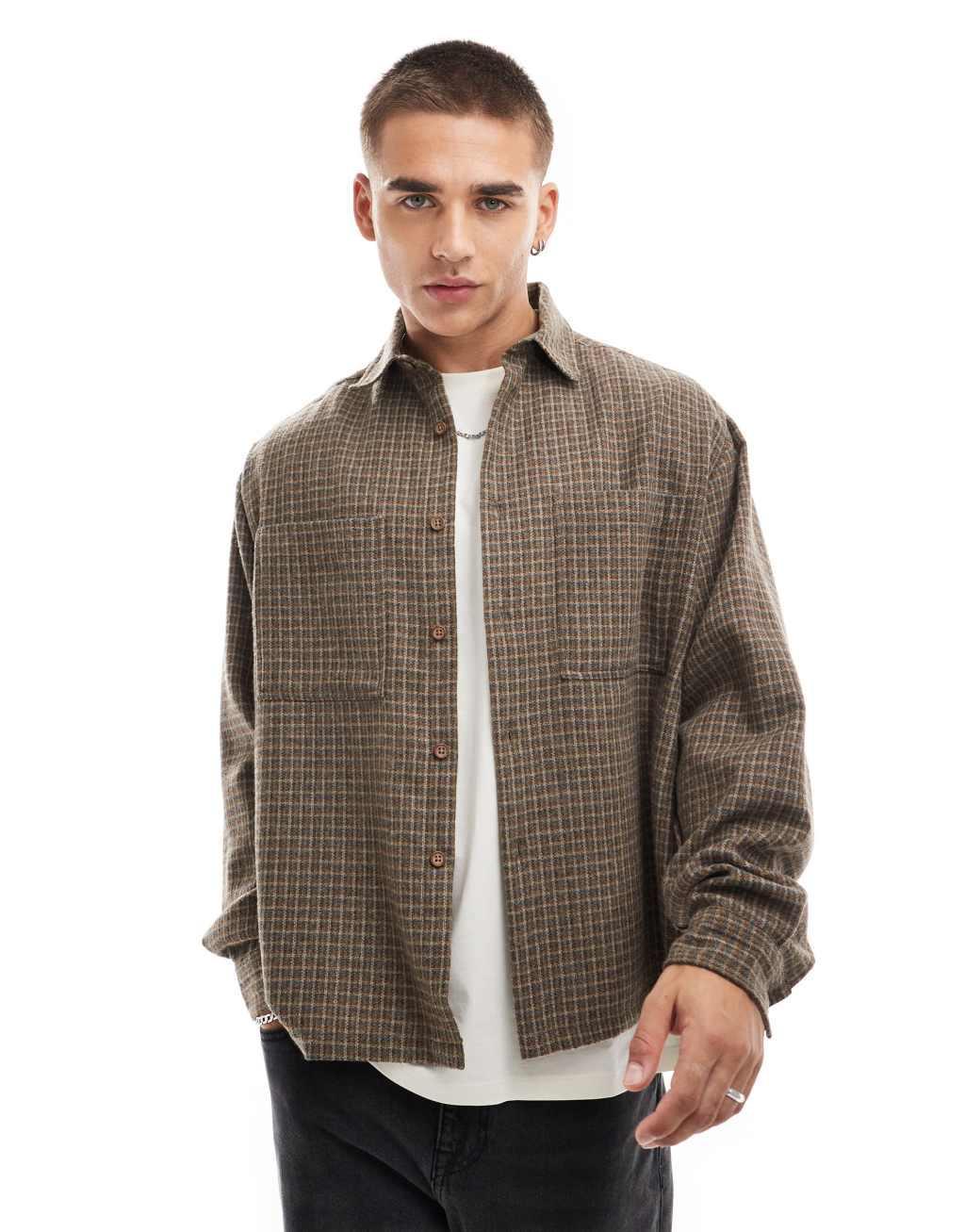 ASOS DESIGN boxy oversized wool look shirt in brown dad check Product Image