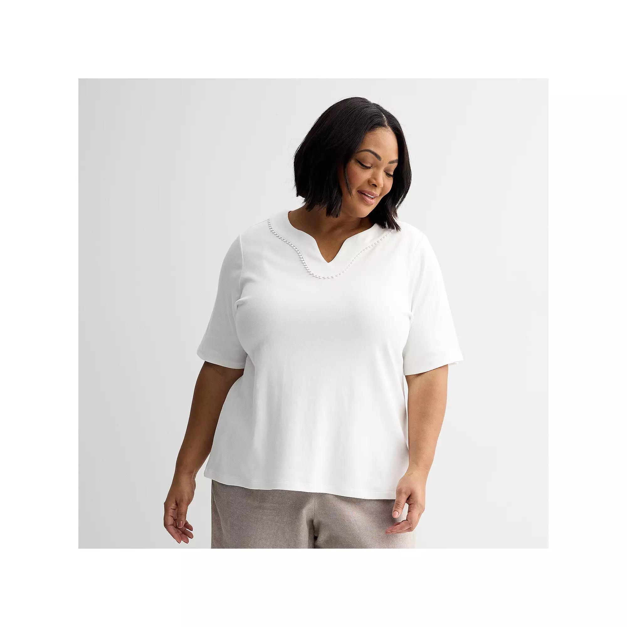 Plus Size Croft & Barrow® Bobble Trim Split Neck Top, Women's, Size: 2XL, Bright White Product Image