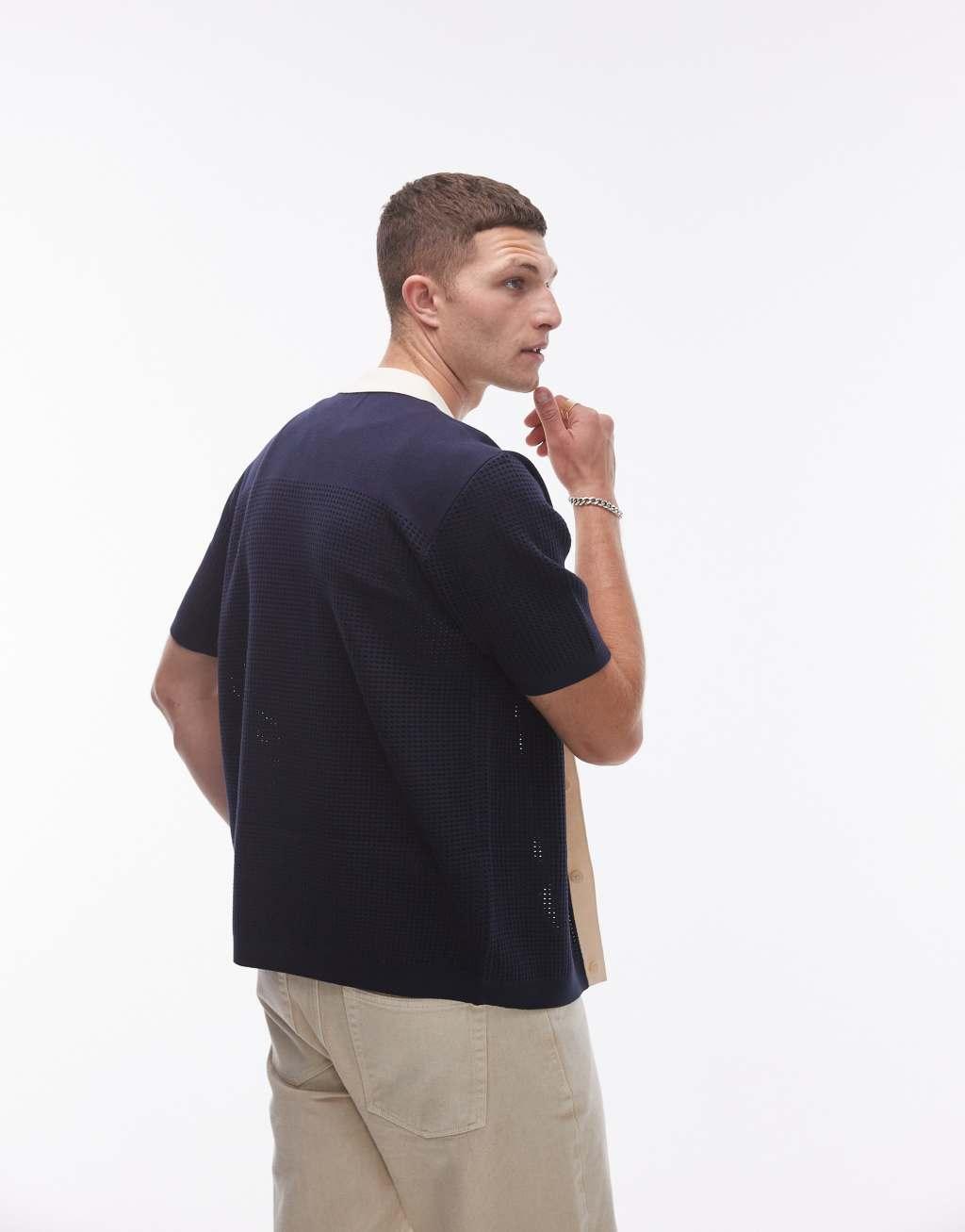 Topman relaxed embroidered knitted shirt in navy Product Image