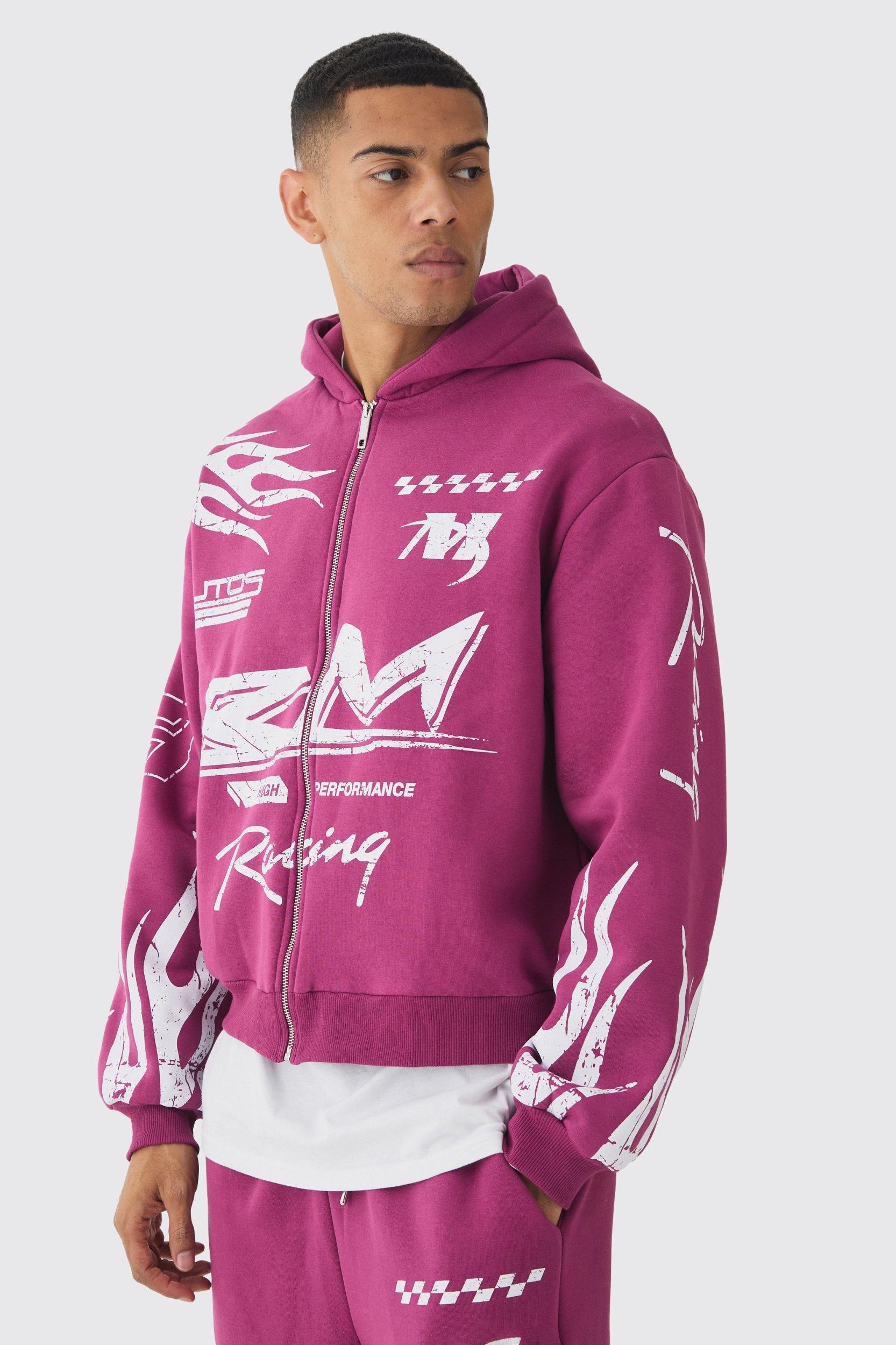 Oversized Boxy Moto Racing Flame Hoodie and Wide Leg Sweatpants Tracksuit | boohooMAN USA Product Image