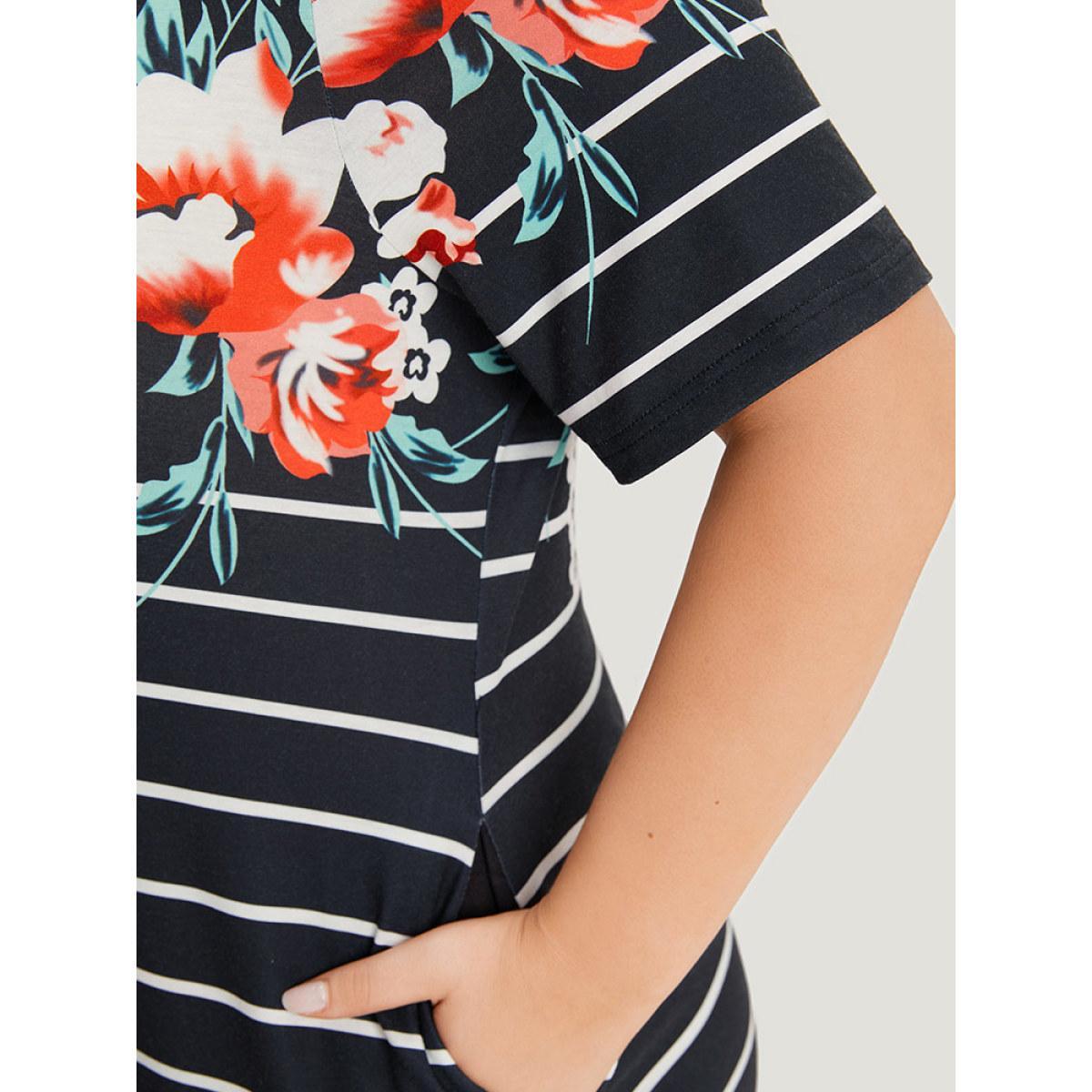 Plus Size Floral & Striped Print Pocket V Neck Dress Black Women Casual Printed V-neck Short sleeve Curvy Midi Dress BloomChic 10/M Product Image