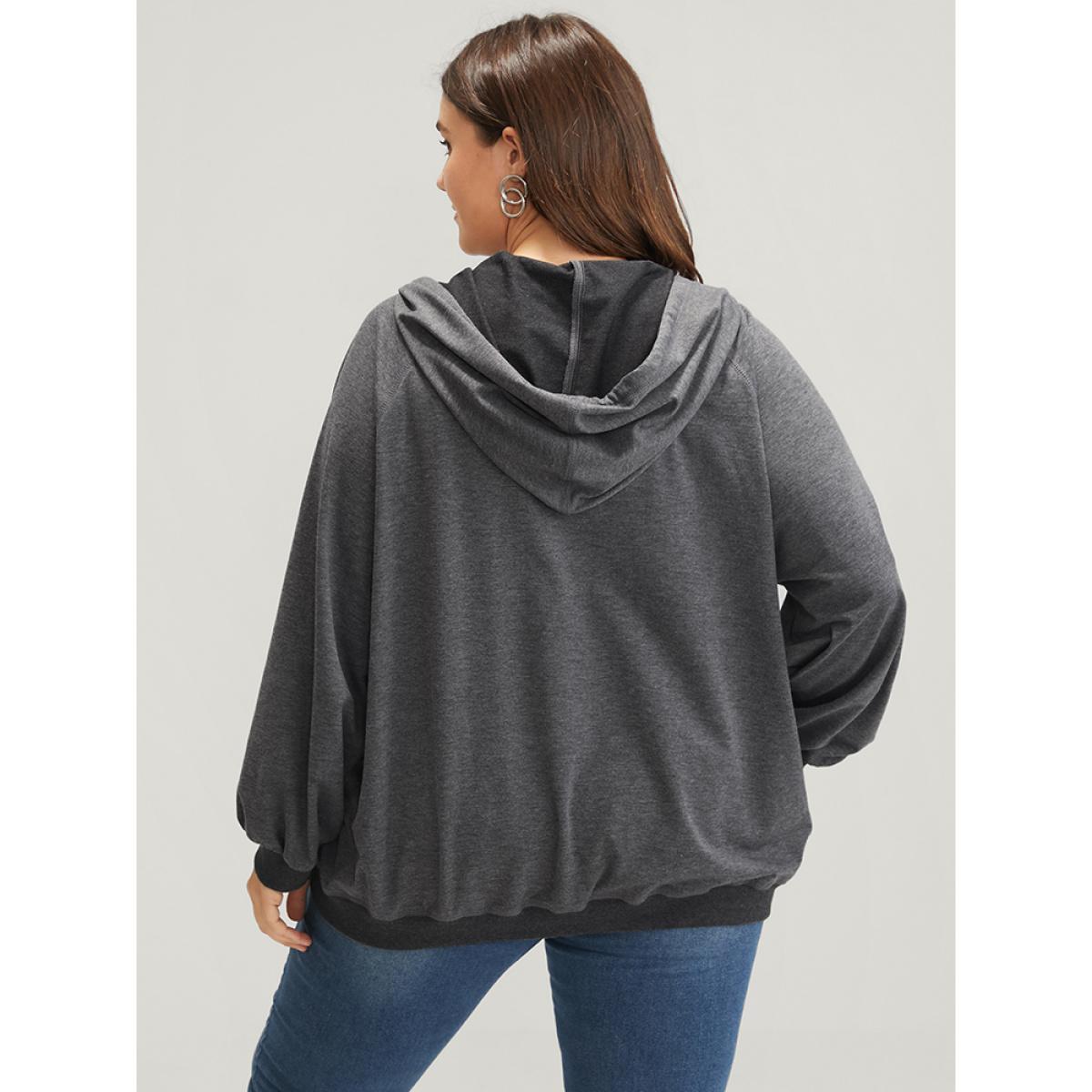 Plus Size Solid Pocket Drawstring Zipper Hooded Sweatshirt Women DimGray Casual Zipper Loose Hooded Dailywear Sweatshirts BloomChic 10/M Product Image