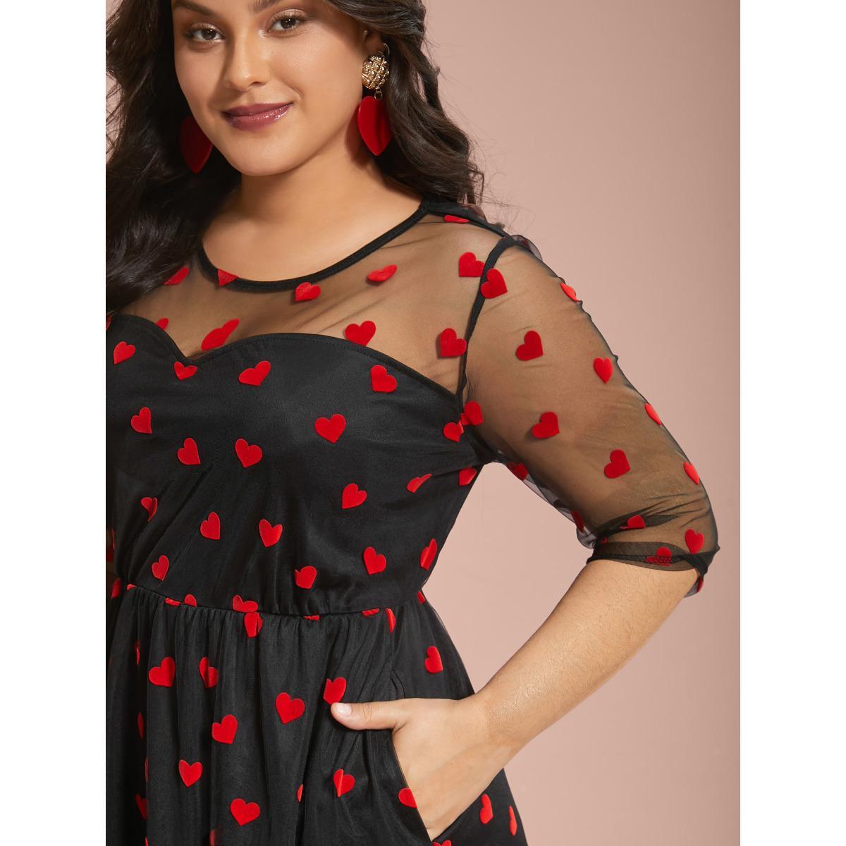Plus Size Flocking Heart Mesh Patchwork Midi Dress Black Women Cocktail Texture Party Curvy Bloomchic 12/L Product Image