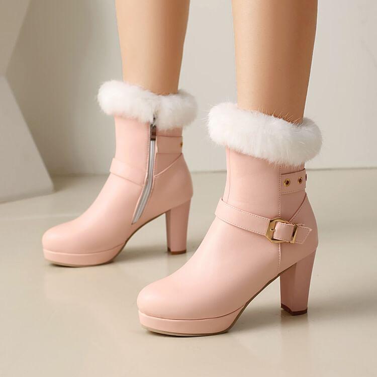 Chunky Heel Buckled Zip-Up Faux Leather Short Boots Product Image