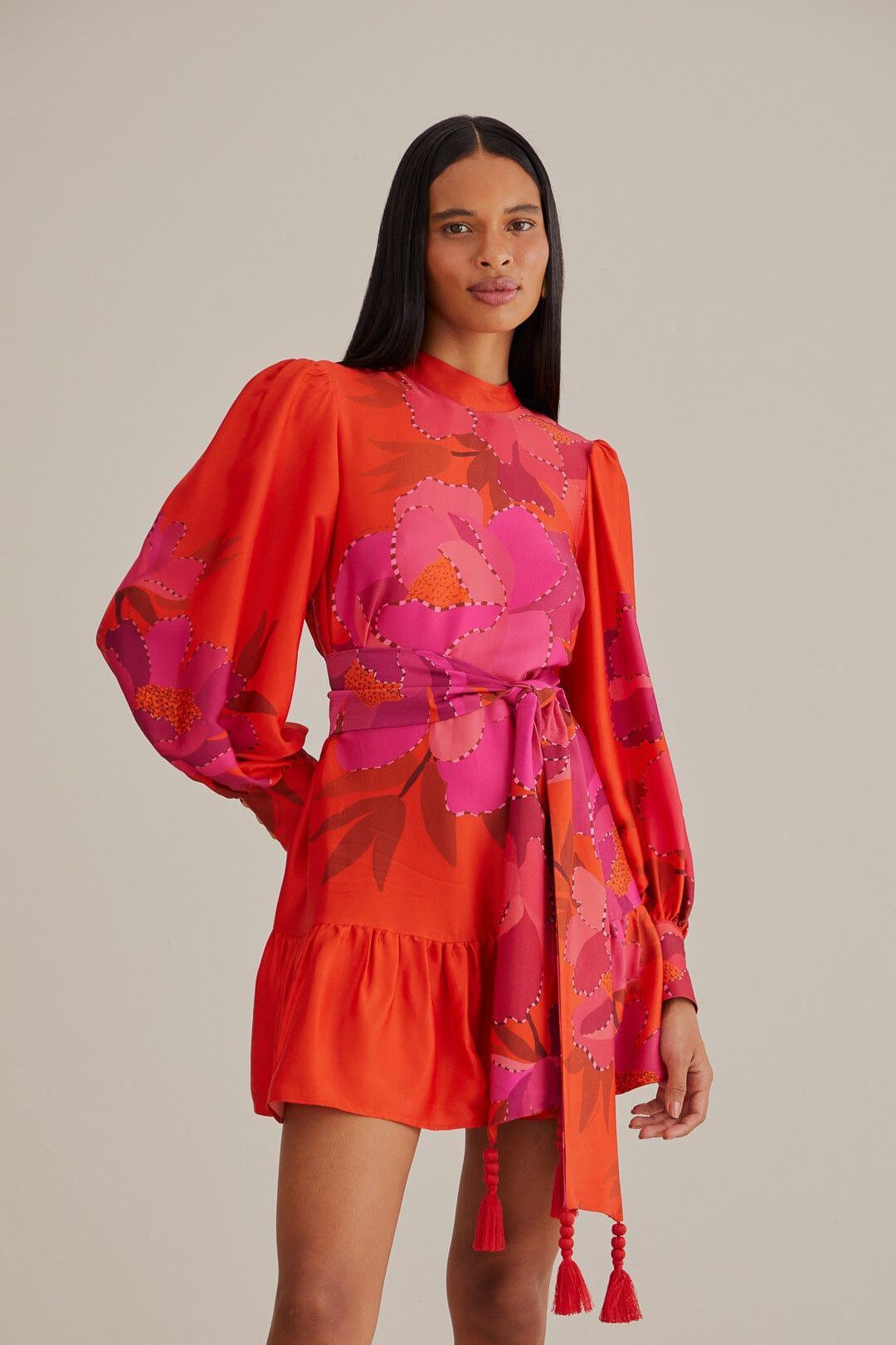 Red Peony Long Sleeve Mini Dress Product Image