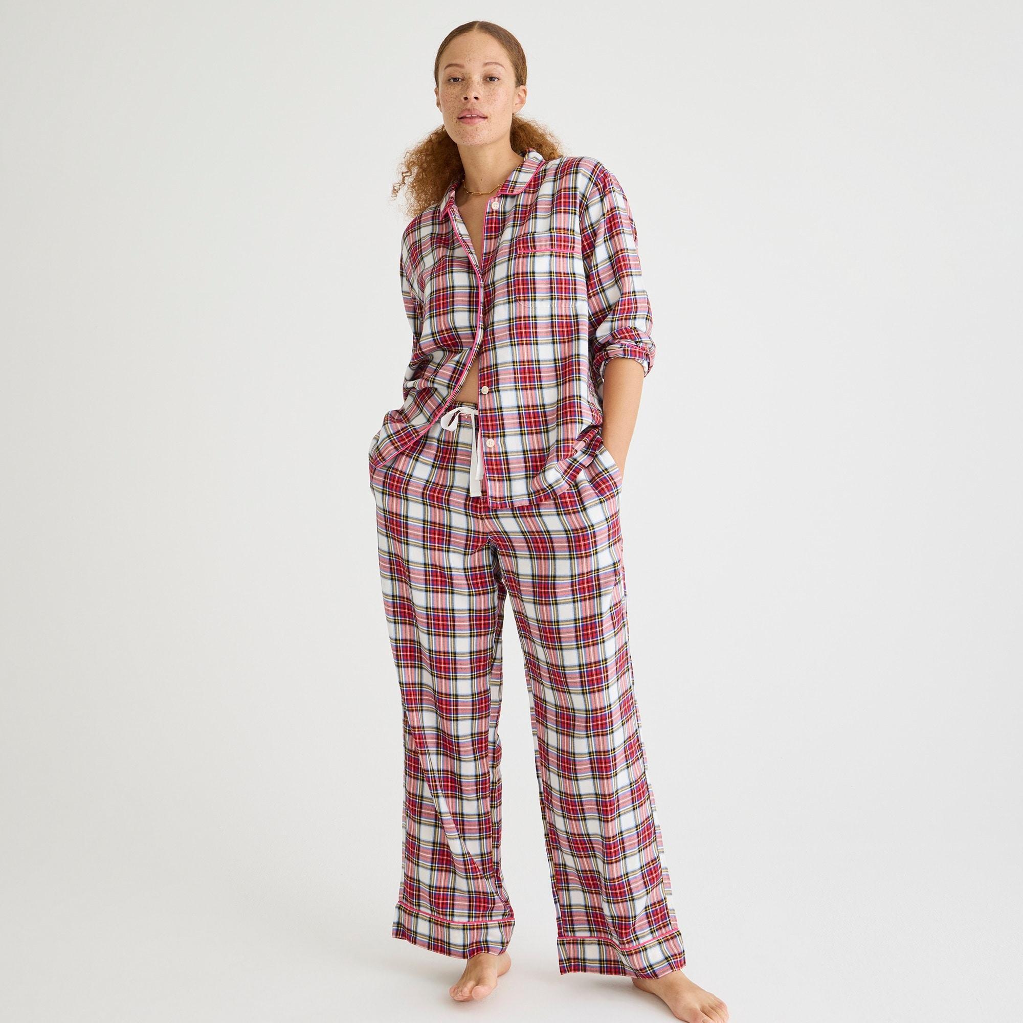 Flannel long-sleeve pajama pant set in white Stewart tartan Product Image