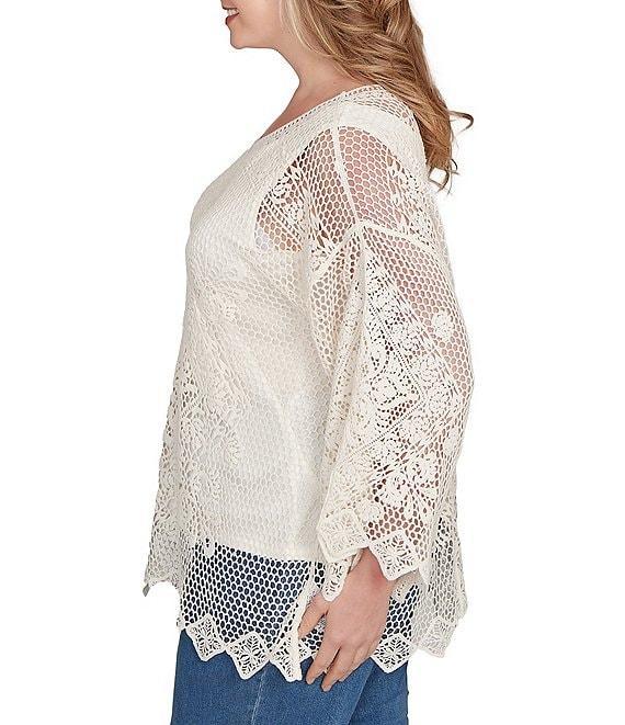 Ruby Rd. Plus Size Crochet Medallion Floral Pattern Scoop Neck 3/4 Wide Flared Sleeve Top Product Image