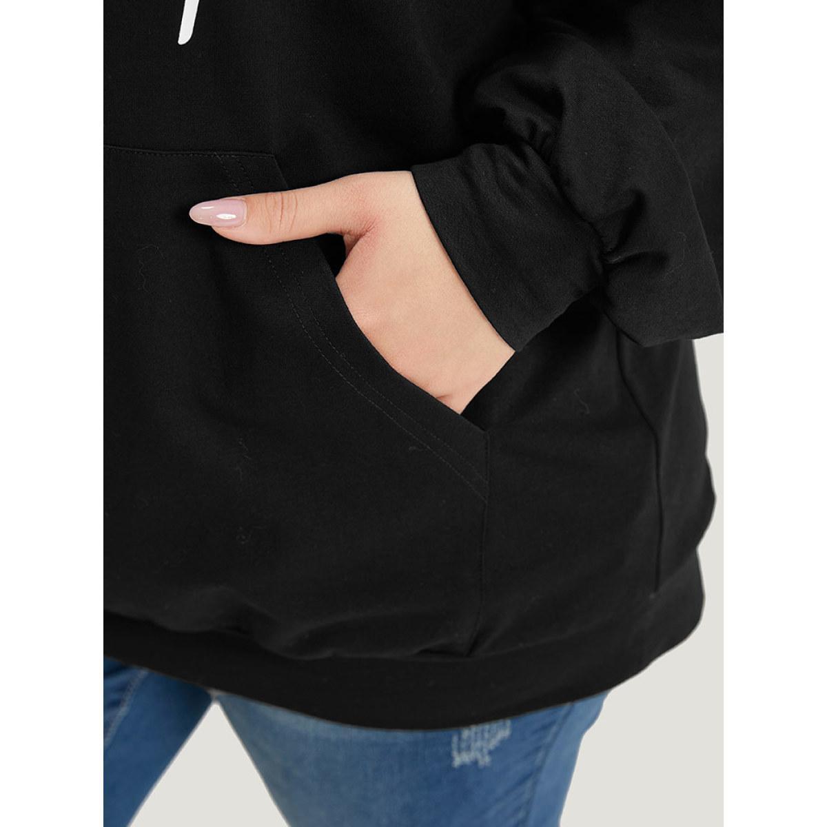 Plus Size Letter Print Pocket Drawstring Hooded Sweatshirt Women Black Casual Elastic cuffs Dailywear Sweatshirts BloomChic 12/L Product Image