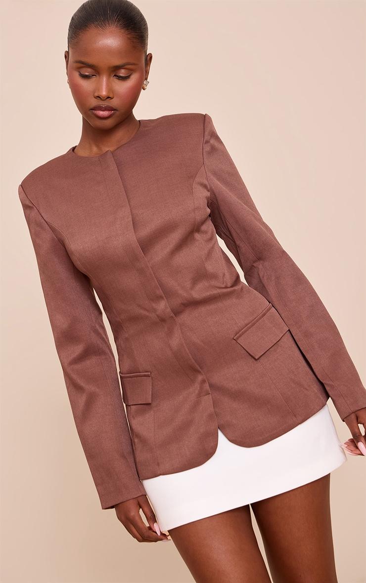  Brown Collarless Cinched Waist Boxy Blazer Product Image