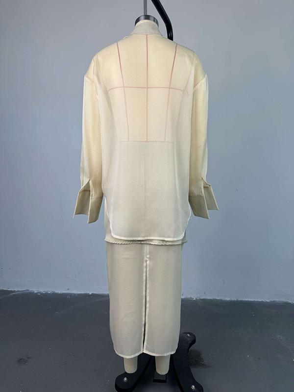 Loose Solid Color See-Through Long Sleeves Lapel Blouse + Skirt Two Pieces Set Product Image