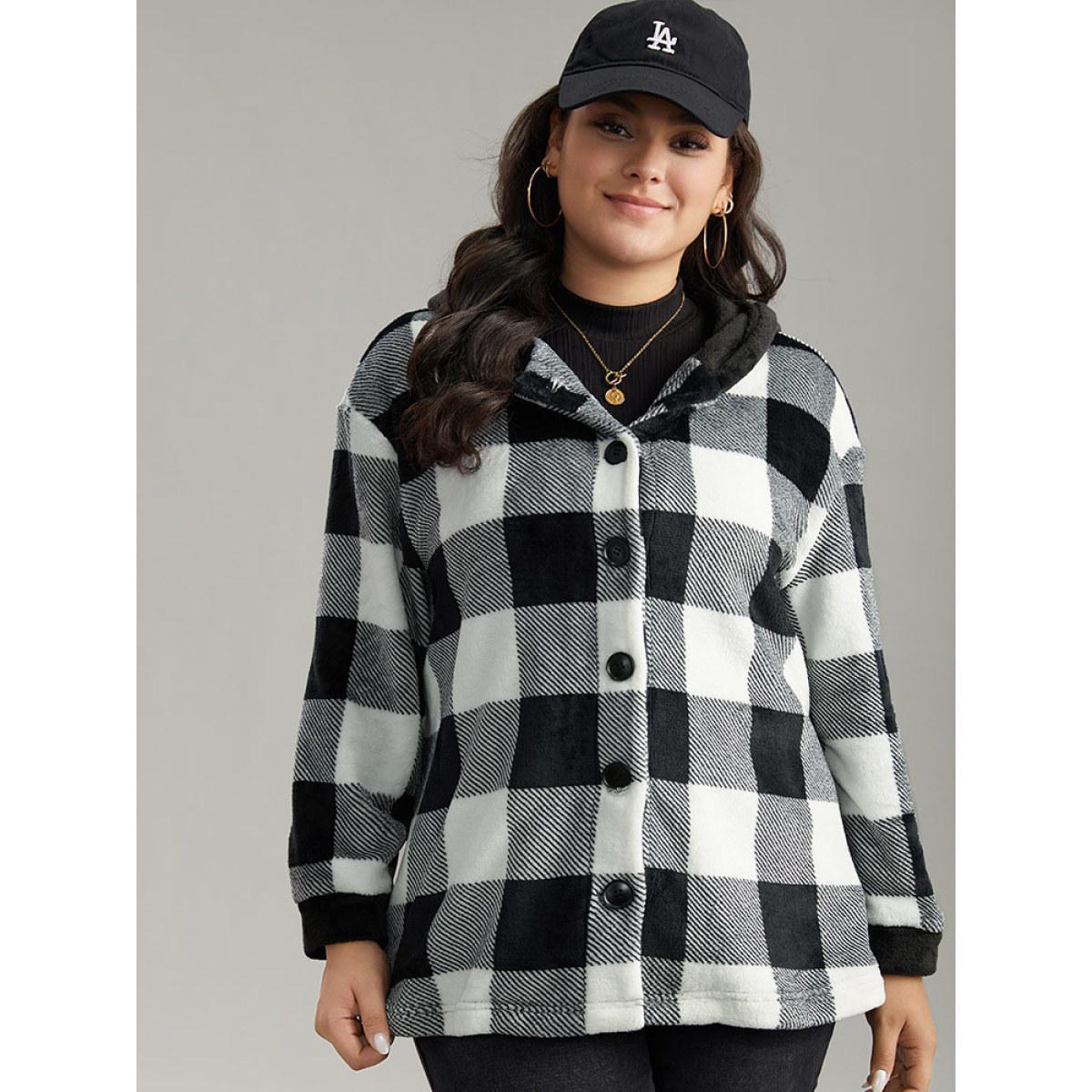 Plus Size Plaid Button Through Patchwork Hooded Jacket Women Black Casual Contrast Ladies Dailywear Winter Coats BloomChic 14-16/1X Product Image