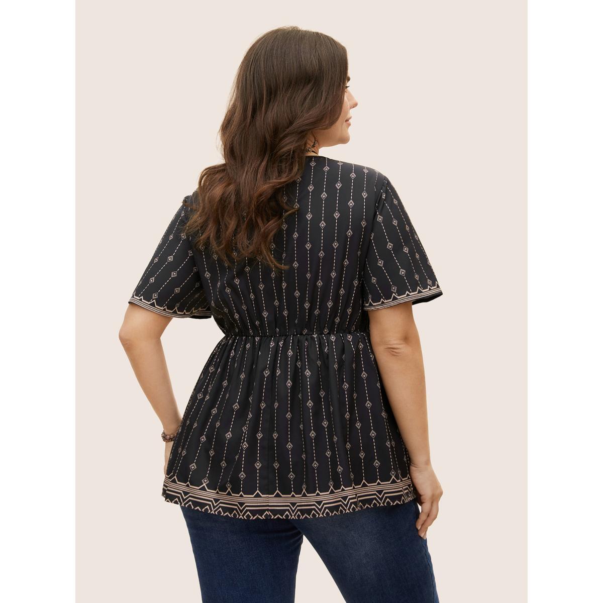 Plus Size Black V Neck Boho Print Flutter Sleeve Blouse Women Resort Short sleeve V-neck Vacation Blouses BloomChic 18-20/2X Product Image