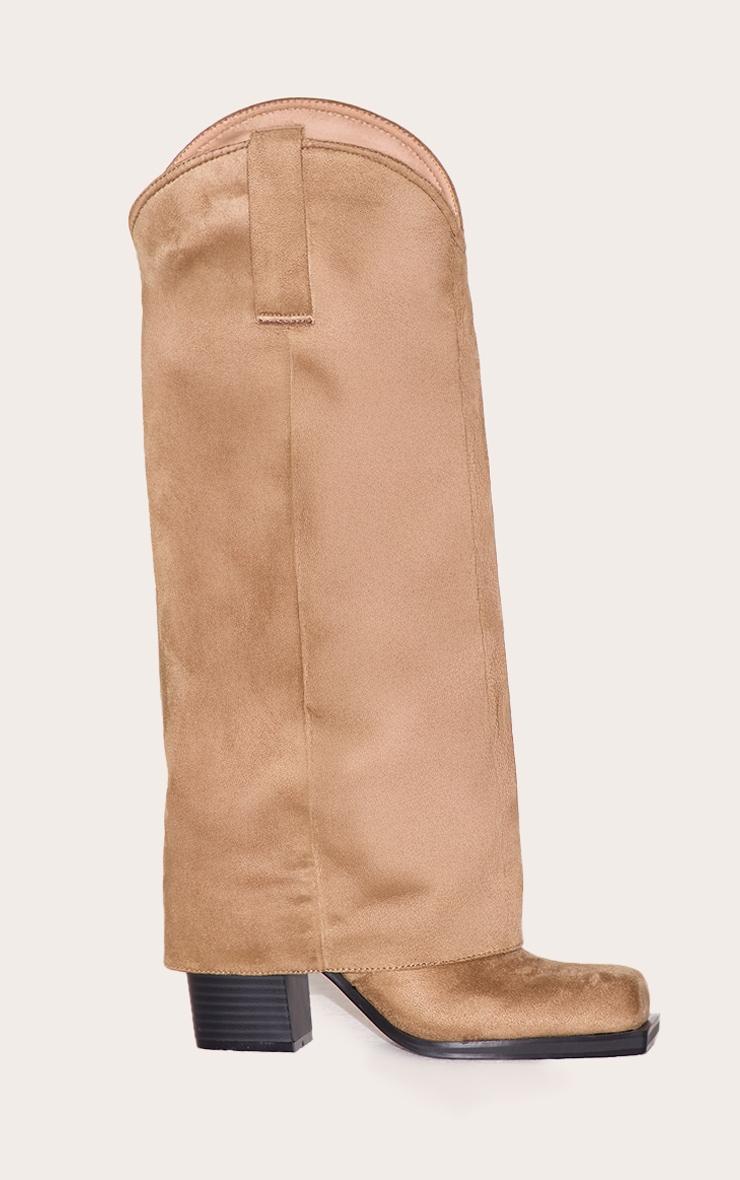 Stone Faux Suede Square Toe Fold Over Knee High Block Heel Western Boots Product Image