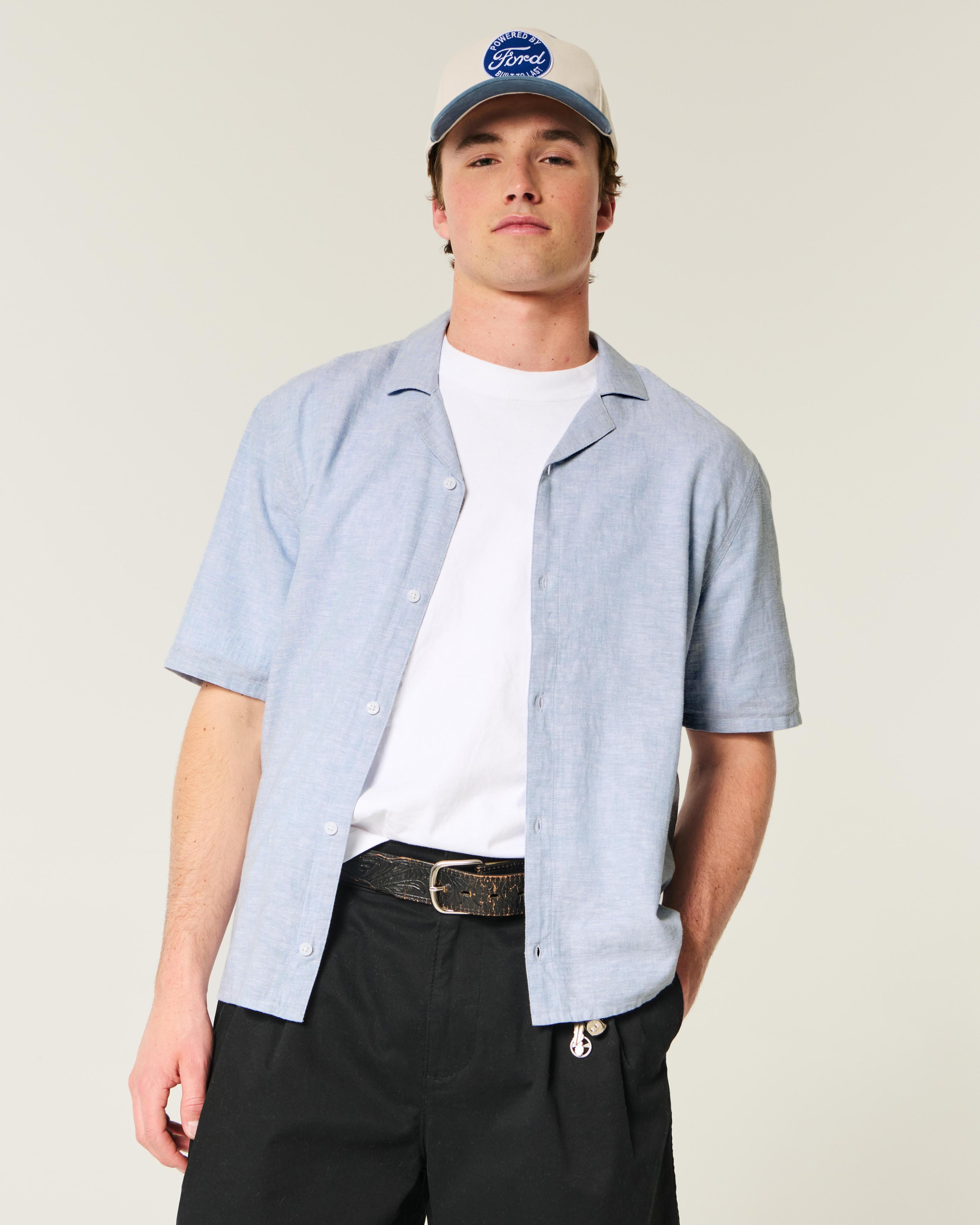 Boxy Short-Sleeve Linen-Blend Shirt Product Image